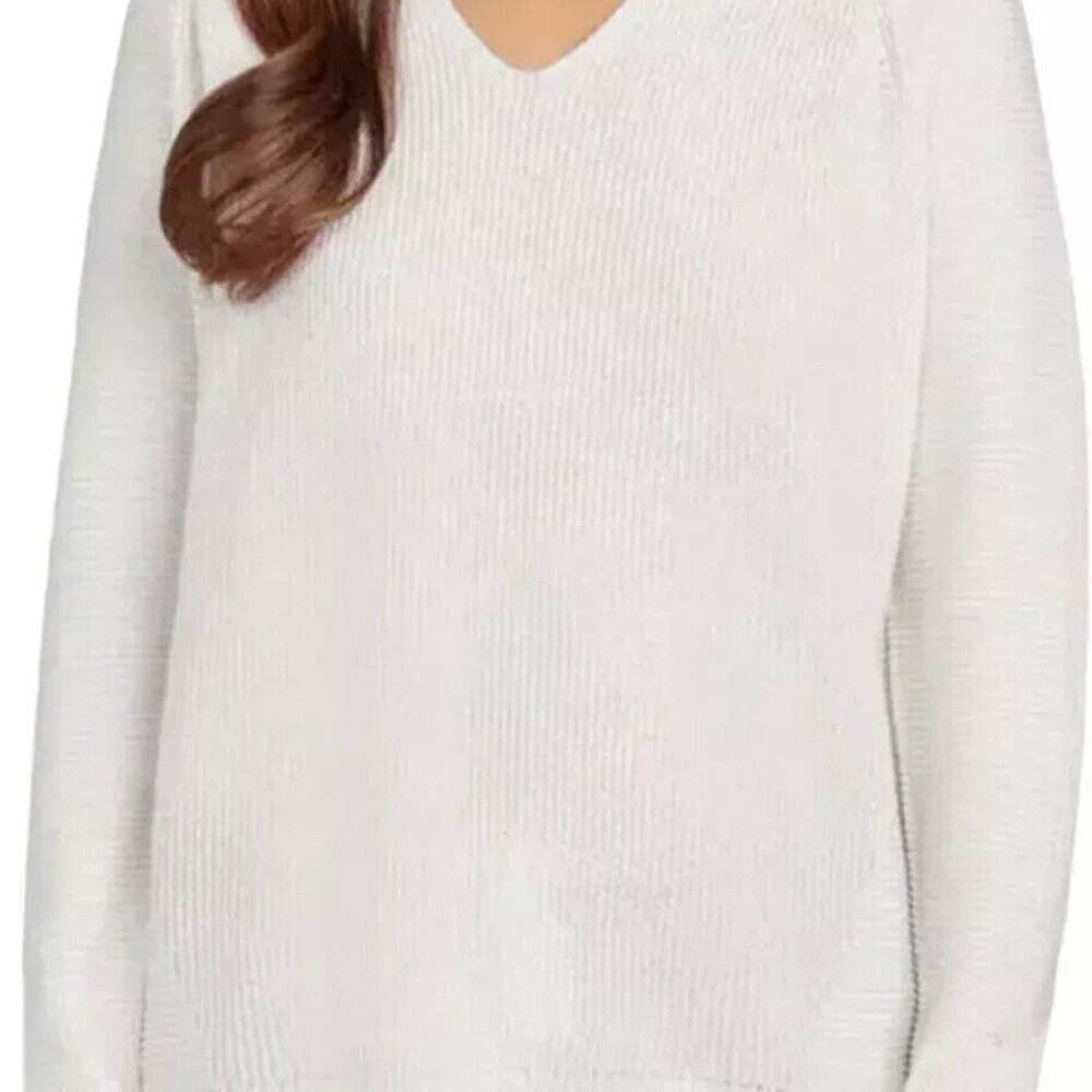 Matty M Women's Plus Size XXL Ivory Rib Stitch V Neck Sweater NWT